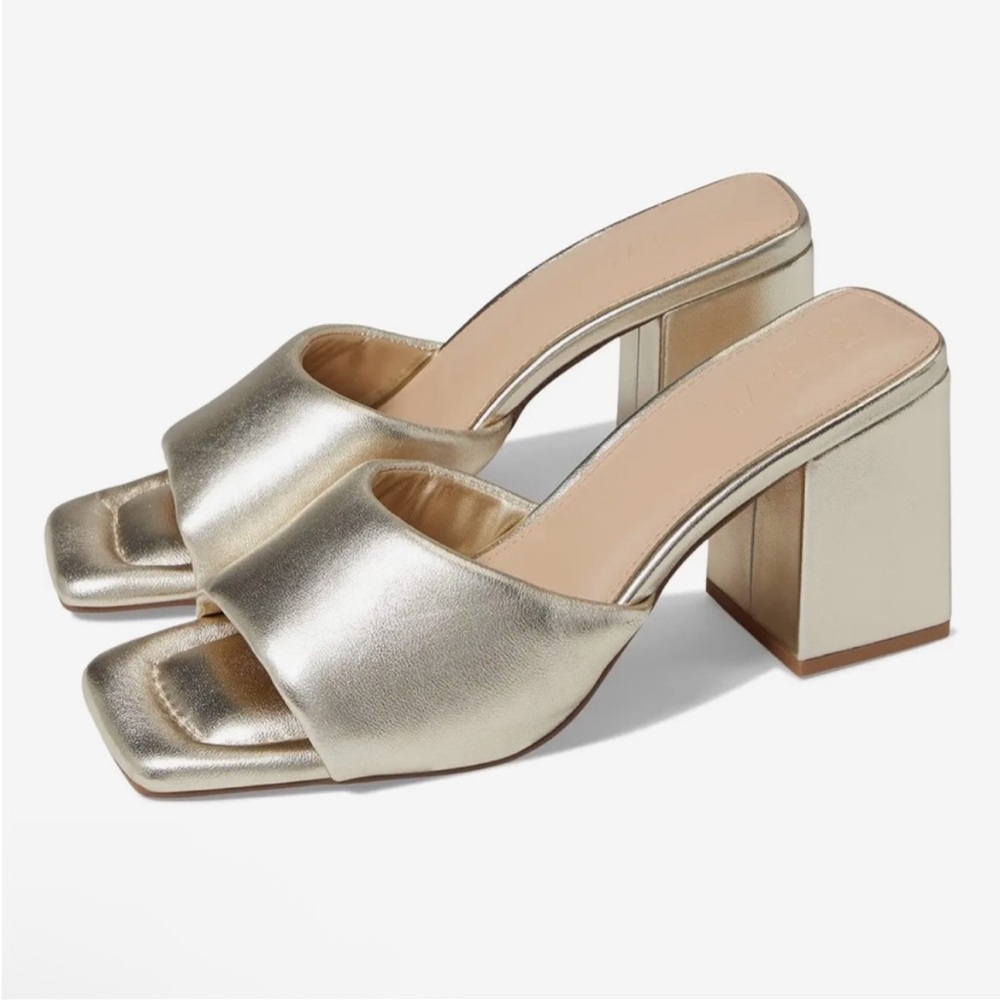 NIB Farylrobin Zoey Chic Metallic Gold Block Heel Mules